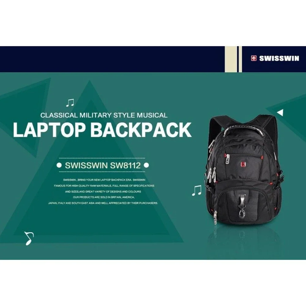 Waterproof 15.6 Inch Laptop Backpack Men USB Charging Swisswin SA8112 Swissgear